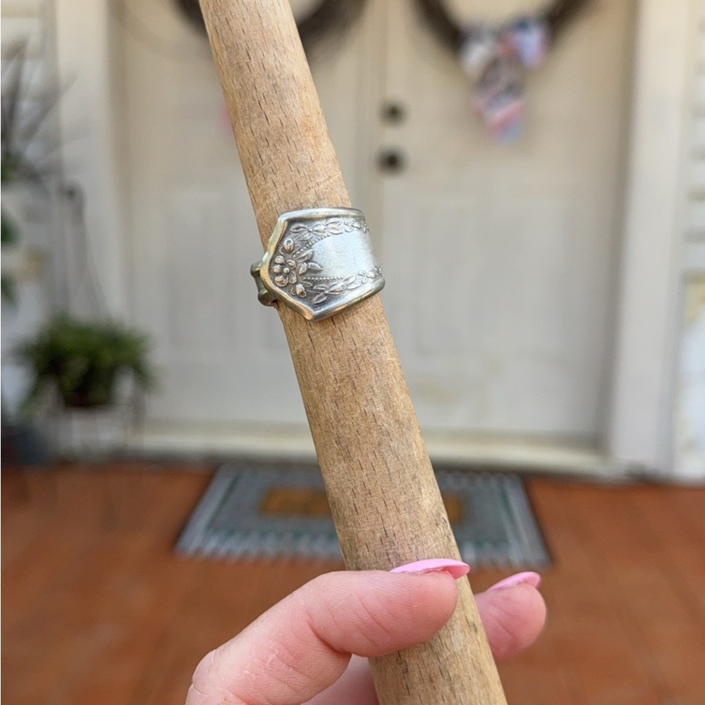 Sterling Silver Spoon Ring with Floral Detail - Silver